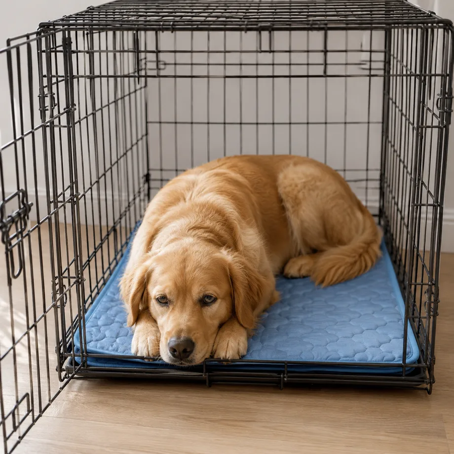 Kühlmatte im Boden einer offenen Transportbox, Golden Retriever liegt darin
