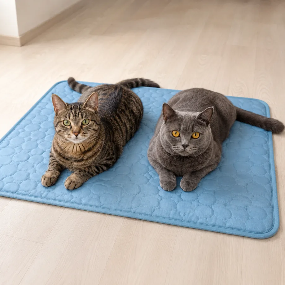 Zwei Katzen liegen nebeneinander auf einer großen blauen Kühlmatte